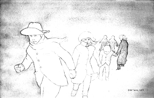 shadowy children trudging through a snowstorm